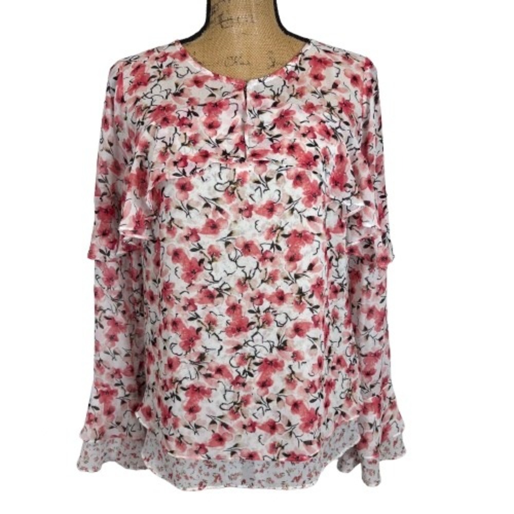White House Black Market Pink Floral Blouse Chiffon Ruffle Bell Sleeve Size 10